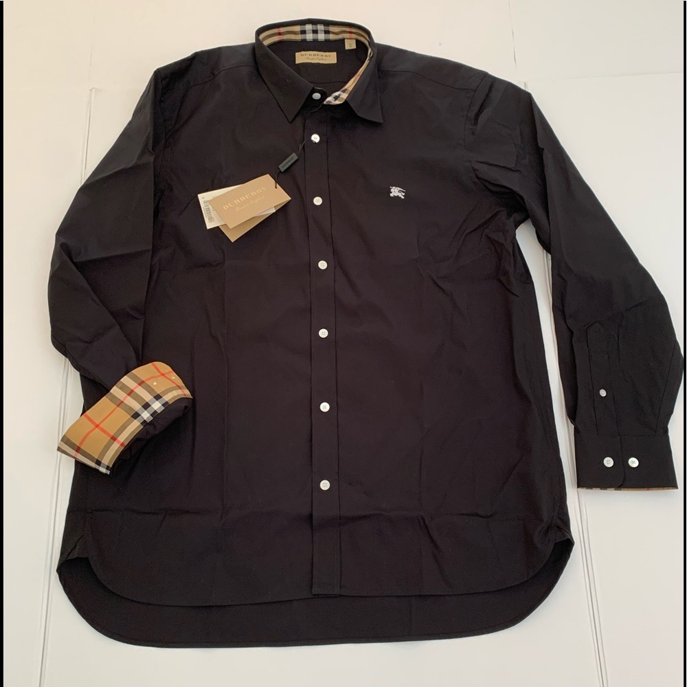 BURBERRY London England Contrast Stretch Cotton Shirt Black 80043211 Mens L